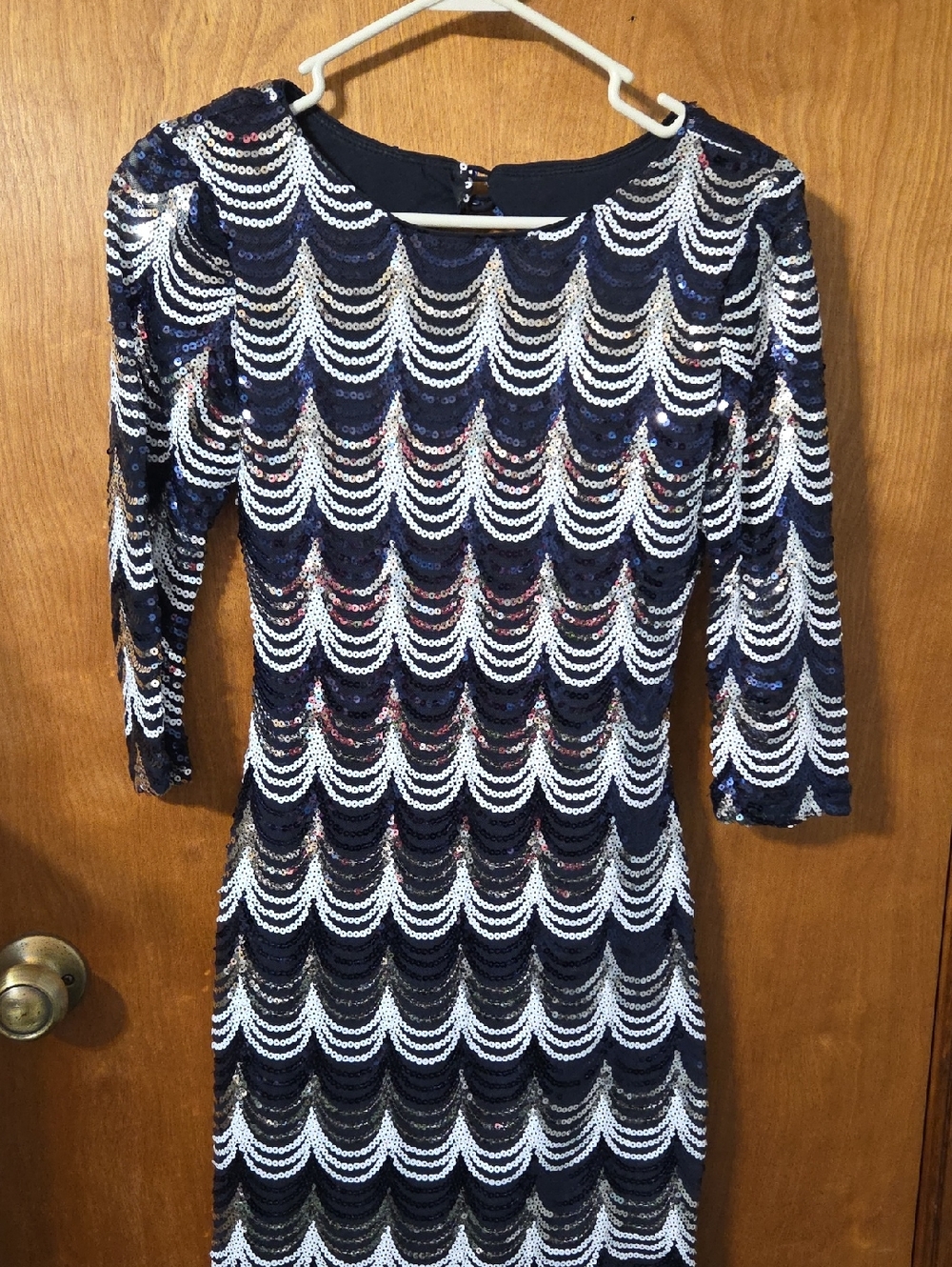 Crystal Doll Navy and White Sequin 3/4 Length Sleeve Sheath Dress
